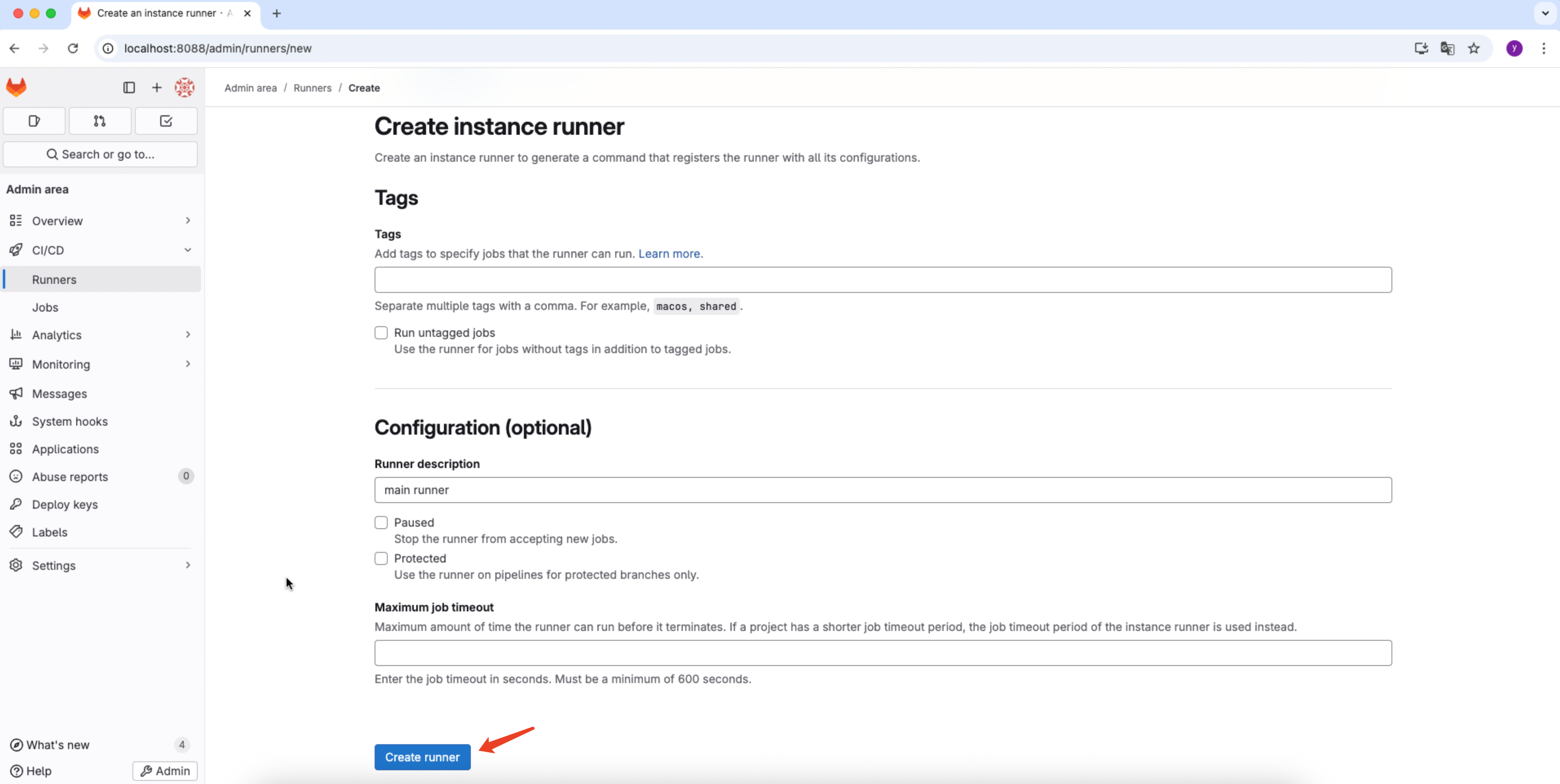 Create instance runner