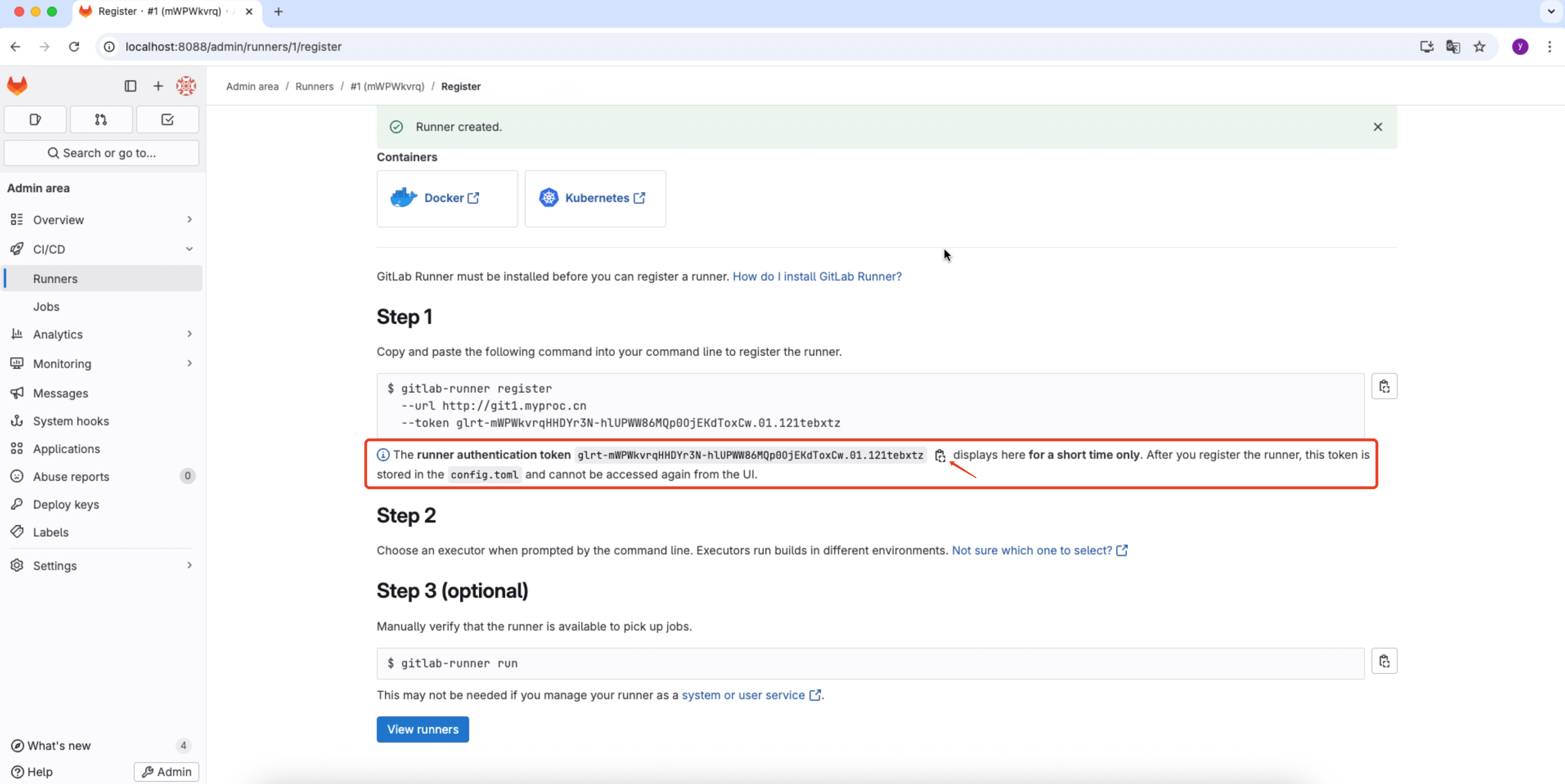 runner authentication token